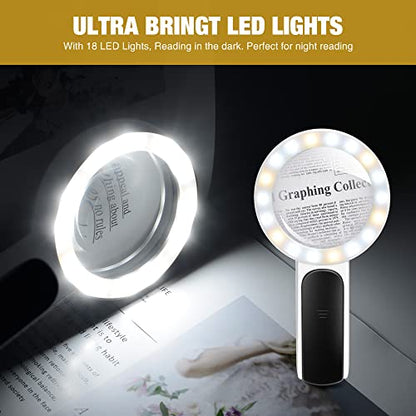Magnifying Glass with Light, High Magnification Handheld Large Magnifying Glass 18LED Cold and Warm Light with 3 Modes, Illuminated Lighted Magnifier for Seniors Reading, Coins, Jewelry, Exploring - color: White