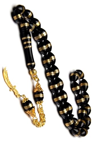 Prayer Beads Rosary Gold Plated Silver Tassel Carved Kuka Wood Zulfiqar Sword Design 33 Beads Islamic Muslim Tasbih - Black, One Size