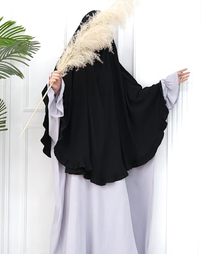 Muslim Prayer Hijab Solid Color Ruffled Head Scarf Women Islamic Head Cover Khimar - color: Black