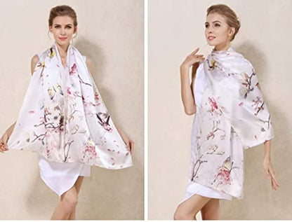 ANDANTINO 100% Silk Long Scarf-Women Large Oblong Shawls with Gift Packed - color: Beige-flower&birds