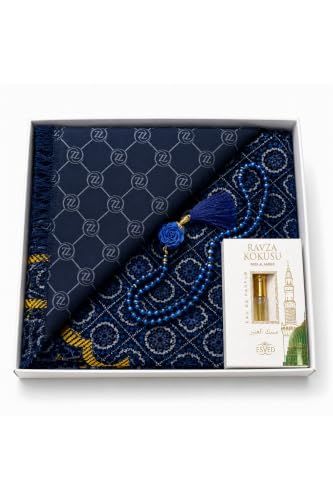 SODEF Velvet Prayer Rug Set with Headscarf Tesbih and Essence - Quality Dini Gift Set for Hajj Umrah Weddings Mevlids - Navy Blue Polyester Cotton Blend - 27.6 x 43.3 in - Navy Blue, 28x43 inch