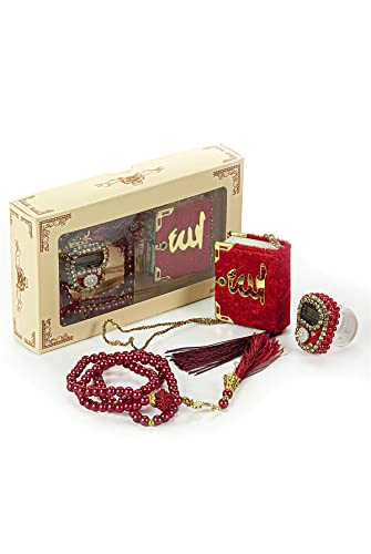 İhvan Online Mini Velvet Quran Set with Islamic Finger Counter, Portable Digital Tasbeeh, Muslim Prayer Beads, Pearl Zikirmatic Beads, 3 Pieces Gift Set for Mevlüt (Burgundy) - color: Burgundy