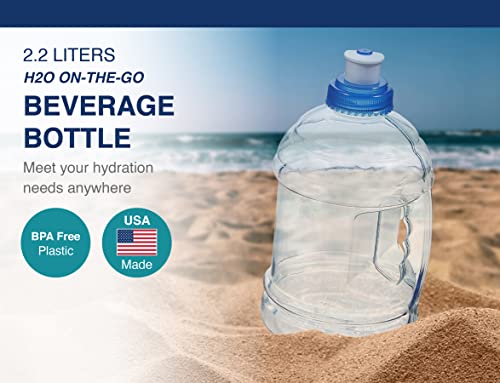 Arrow H2O On The Go Water Bottle, 2.2 Liter - Clear Plastic Bottle with Push Cap & Built-In Handle - Leakproof Design - Ideal for Gym & Sports - BPA Free - Made in USA