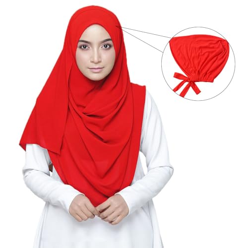 Women Under Scarf Hat Hijab Undercap Islamic Muslim Under Scarf Hijab Cap with Tie-Back Closure - color: Red+marron