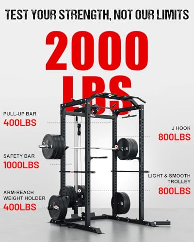 C1-V4 Power Cage, 2000LBS Squat Rack with LAT Pulldown, Multi-Function Weight Cage Strength Training Machine, Workout Cage with More Attachments for Home Gym Garage - style: BK Power Cage C1-V4