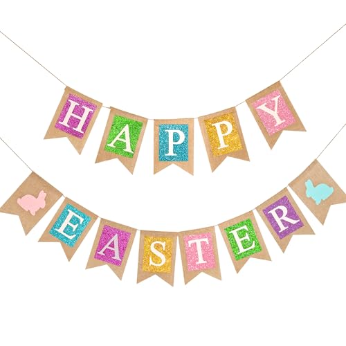 Pre-strung Happy Easter Banner Burlap Garland with Bunny for Mantle Wall Fireplace Indoor Outdoor Spring Party Decor - color: Easter
