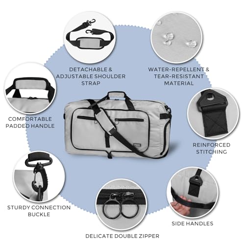 Fmeida 65L Duffle Bag with Shoes Compartment, Foldable Travel Duffel Bags for Men Women, Large Packable Travel Bag Water Repellent & Tear Resistant (Light Gray) - color: Glossy Light Gray