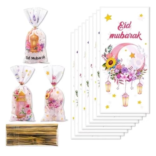 Sanfly Eid Mubarak Goodie Bags 50 Pcs Ramadan Gift Bags, Watercolor Moon Flower Print Eid Theme Plastic Candy Snack Pouch