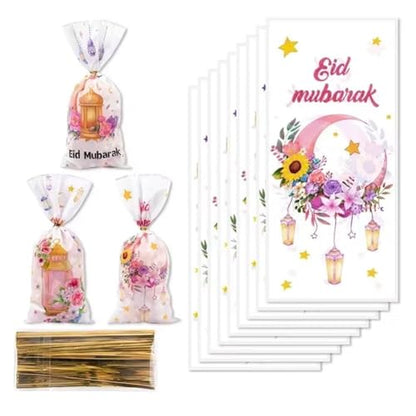 Sanfly Eid Mubarak Goodie Bags 50 Pcs Ramadan Gift Bags, Watercolor Moon Flower Print Eid Theme Plastic Candy Snack Pouch
