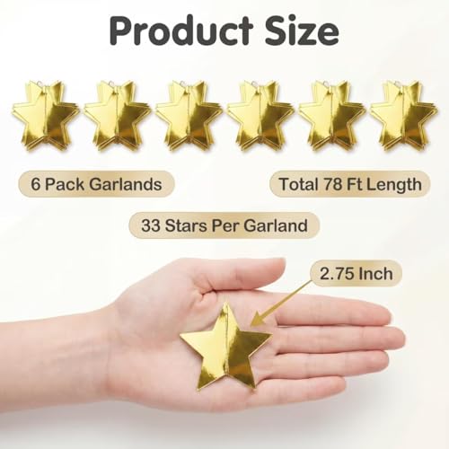 78 Feet Gold Star Garland, Double-Sided Gold Stars Garland with Elegant Star-Shaped Lace, Hanging Bunting Decorations for Birthday Wedding Christmas Ramadan Party Supplies