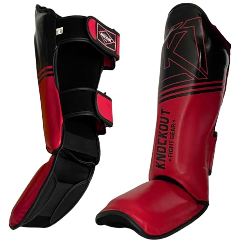 Muay Thai Shin Guards MMA Martial Arts -Padded, Adjustable Leg Guards with Instep Protection for Training and Sparring Gear Kickboxing Equipment – Durable, Professional - color: Red/Black, size: XS-CH