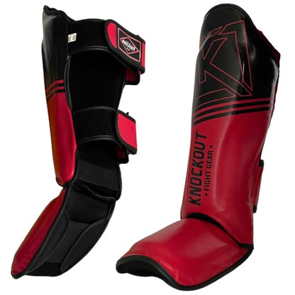 Muay Thai Shin Guards MMA Martial Arts -Padded, Adjustable Leg Guards with Instep Protection for Training and Sparring Gear Kickboxing Equipment – Durable, Professional - color: Red/Black, size: XS-CH