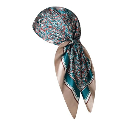 Silk-Feel 35x35 Satin Hair Scarf | Multi-Way Head Wrap for Sleep, Style & Hijab | Gift-Ready Fashion Scarf for Women - color: Green-paisley