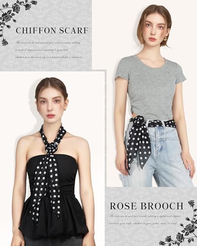 Chiffon Scarf for Women, Removable Flower Neck Scarf Light Soft Fashion Rose Scarves Versatile Headband or Hair Band - color: Polka Dot Black and White