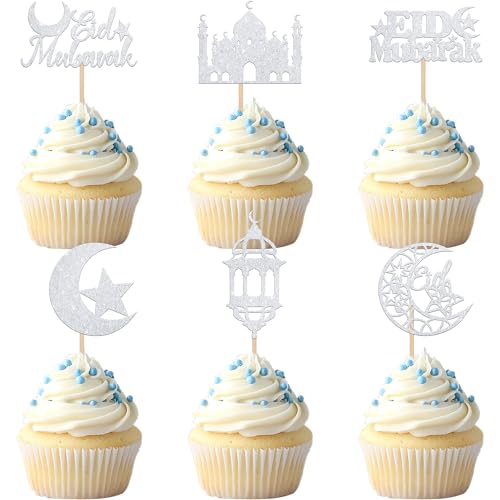 30 PCS Eid Mubarak Cupcake Toppers Ramadan Mubarak Cupcake Picks Glitter Stars and Mmoon Party Decorations for Muslim Islam Theme Party Baby Shower Birthday Eid Decorations Supplies Sliver - color: Style 9 Silver