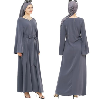 khalat Muslim Abaya Dress Women Solid Color Modest Prayer Robe Islamic Dubai Long Sleeve Lightweight Maxi Dress - color: Gray, size: X-Large