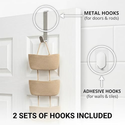3-Tier Woven Cotton Rope Hanging Basket, Over the Door Organizer, Adjustable Detachable Wall Basket with Metal & Adhesive Hooks, No Drilling for Bedroom, Closet, Entryway & Home Decor - style: Jute