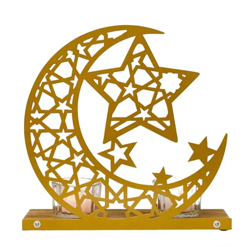 Gold Ramadan Decorations for Home, Star and Crescent Moon Silhouette Tealight Candle Holder with 2 Glass Votives, Wooden Tray Eid Mubarak Table Decor Centerpiece, Islamic Ramadan Kareem Gifts