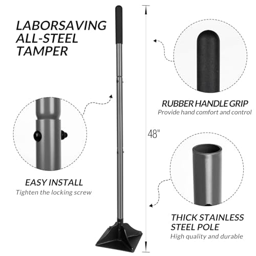 Walensee 10" x 10" Steel Tamper Tool with 48" Handle, Heavy Duty Ground Tamper with Rubber Grip for Leveling Paver Base, Ideal for Dirt Compacting, Gravel and Sand, Driveways and Blacktop Repair - size: 10"×10"