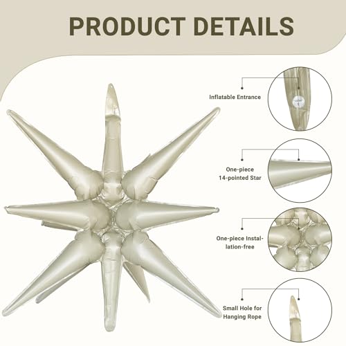 6 Pcs Cream Color Star Foil Balloons One-Piece 14-Pointed Star Balloon 4D Starburst Cone Mylar Balloon 22inch Christmas Birthday Wedding Wedding Anniversary Party Supplies(Cream Color) - color: 22 Inches Cream Color