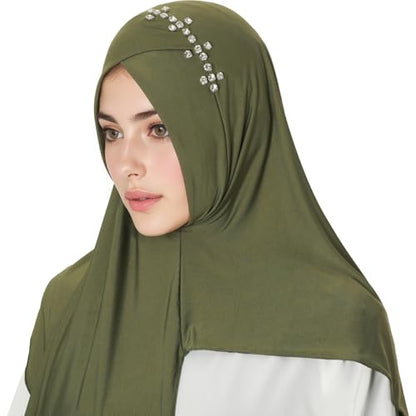 khalat Instant Hijab 여성용 무슬림 샤이니 라인스톤 데일리 스카프 부드럽고 신축성 있는 단색 이슬람 기도 히잡 - color: 아미 그린.
