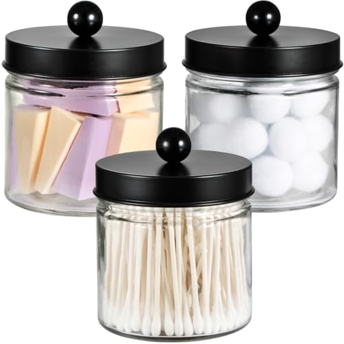 SheeChung Glass Mason Jar Qtip Holder, Black Stainless Steel Lids, 3 Pack | Clear Apothecary Jar Canisters Set,Bathroom Jar Dispenser,Vanity Storage Organizer for Cotton Swab,Ball,Floss,Farmhouse Decor - color: Black, size: 3 Pack