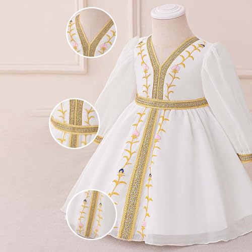 Girls Muslim Dress Kids Girls Floral Embroidery Prayer Dresses Long Sleeve V Neck Elegant Kaftan Dresses for Party - size: 12-18 Months