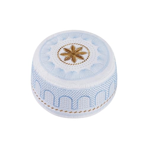 haozaikeji 4pcs Men's Muslim Prayer Kufi Hat Embroidered Islamic Prayer Cap Arabian Omani Turkish Praying Caps Eid Topi Hat - color: Black+white+gold+blue