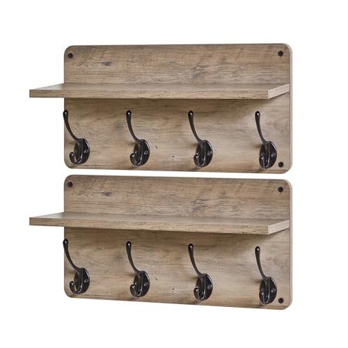31.5" Coat Rack Wall Mount with Shelf and 8 Hooks, Silver Gray, HWS006Y-2 | 2 Pack Coat Hooks Key Holder Wall Mount, Wood Wall Mounted Coat Rack with Wall Hooks for Hanging, Towel Hooks for Bathroom - color: Silver Gray