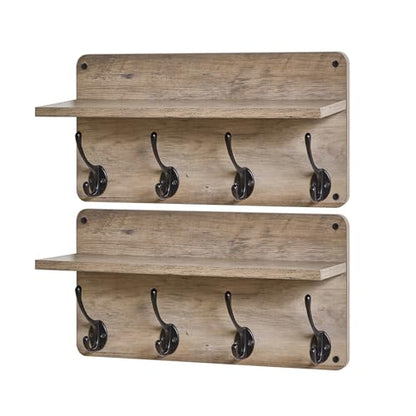 31.5" Coat Rack Wall Mount with Shelf and 8 Hooks, Silver Gray, HWS006Y-2 | 2 Pack Coat Hooks Key Holder Wall Mount, Wood Wall Mounted Coat Rack with Wall Hooks for Hanging, Towel Hooks for Bathroom - color: Silver Gray