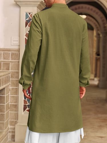 Runcati 남성용 Kaftan Thobe 버튼 다운 헨리 셔츠 로브 긴소매 캐주얼 면 리넨 무슬림 가운 셔츠 - color: 아미 그린., size: X-Large