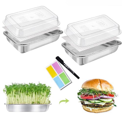 Microgreens Growing Kit with Lids 2-Tier 14 Inch Trays | Stainless Steel Seed Sprouter with 0.3mm Encrypted Silicone Mesh, Beans Broccoli Alfalfa and Wheatgrass Sprouts Growing Kit - size: 14"L × 10.5"W Tray with Lid