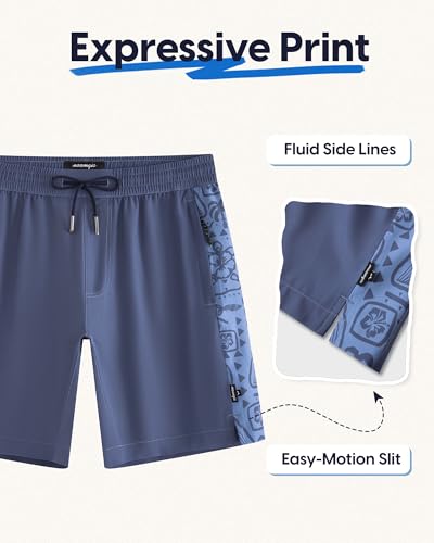maamgic Mens Swim Trunks - Mens Bathing Suit with Compression Liner 7 Inch Quick Dry Fshion Stretch Zipper Pockets Swimwear - color: Blue Grey-navy Blue-ocean Sun, size: Small