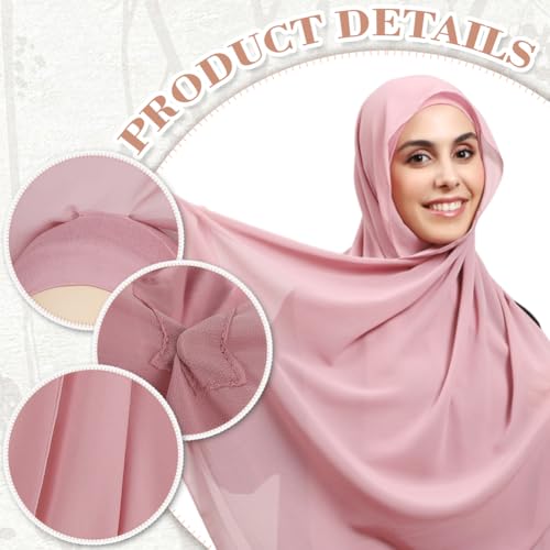 Women Instant Chiffon Hijab Set 3-in-1 Hijabs Scarf Muslim Soft Long Head Scarf with Built-in Magnets and Undercap - color: Pink