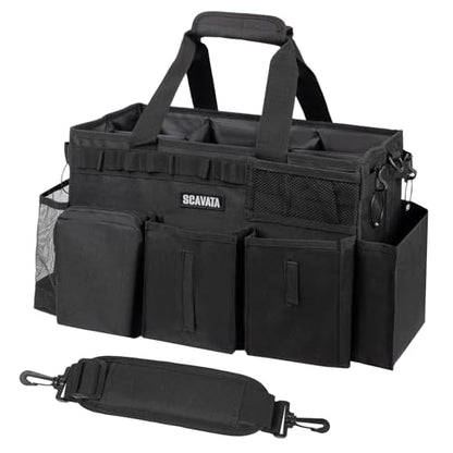 SCAVATA Wearable Cleaning Caddy Bag, Supplies Organizer with Handle & Shoulder Straps for Housekeepers, Under Sink & Car Cleaning Tool Organizer with 4 Foldable Dividers (Black) - color: Black