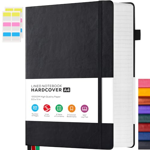 FOCUS DAY Notebooks College Ruled, A4 (8.5 x 11) Large Notebook Journal with 100GSM Lined Paper, Hardcover Leather Journaling Notebooks for Women & Men, 320 Pages, Big Black Notebook - color: 2.Black, size: A4