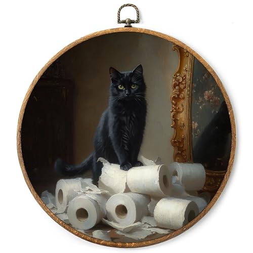 AYQJCBGC Vintage Black Cat Round Framed Wall Art, Cottagecore Retro Canvas Wall Decor, Dark Academia Framed Prints Hanging Decor for Home Bedroom Living Room, 10x10 Inch. (001) - color: Black Cat