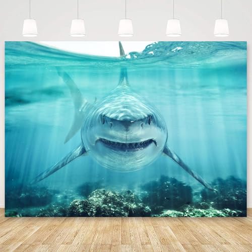Shark Under The Sea Backdrop 10x7ft Fabric Underwater World Backdrops for Photography Ocean Coral Reef Shallows Aquarium Background Theme Party Decorations Banner Birthday Photo Studio Props - size: 10x7FT