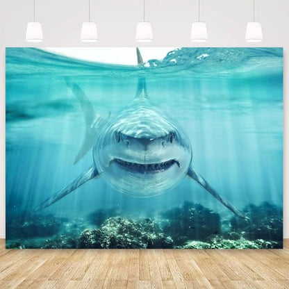 Shark Under The Sea Backdrop 10x7ft Fabric Underwater World Backdrops for Photography Ocean Coral Reef Shallows Aquarium Background Theme Party Decorations Banner Birthday Photo Studio Props - size: 10x7FT