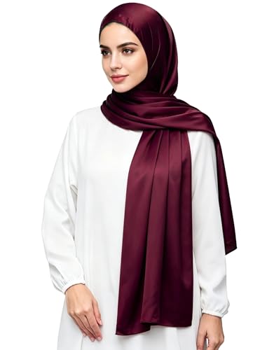 Lina & Lily Luxury Satin Hijab Head Scarf Shawl Wrap for Muslim Women Extra Long - color: Dark Maroon