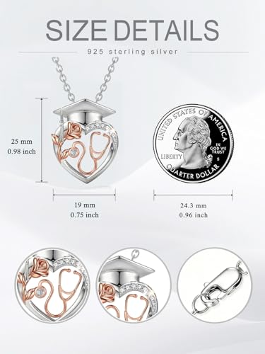 Graduation Gifts for Women 925 Sterling Silver Compass/Graduation/Vet/Cross/Stethoscope Necklace for Women - color: Graduation-Nurse-Stethoscope