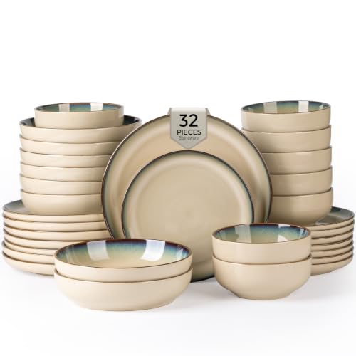 GBHOME Dinnerware Sets for 8, 32 Pieces Ceramic Plates and Bowls Set - color: Pale Khaki, size: Service for 8(32Pcs)