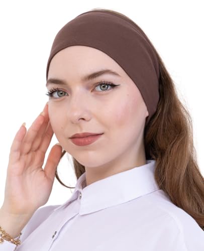 Prien Women Cotton Hijab Cap, Stretchy Head Cover, Pre-Sewn Inner Muslim Scarf Undercap, Non Slip Headband for Daily Wear - color: Brown