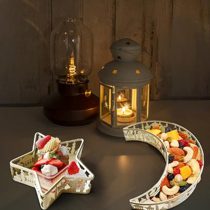 YumSur Ramadan Tray with Eid Mubarak Moon Star Design, Decorative Serving Tray, Islamic Holiday Theme (White) - color: White