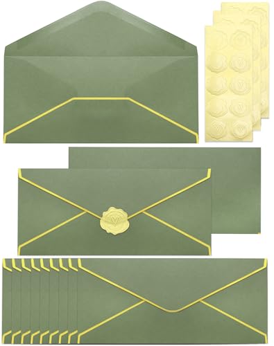 Business Envelopes with V-Flap,Gold Border 30 Pack #10 Envelopes Made of 150gsm Paper, Standard Envelopes with Gold Stickers for Office, Checks, Letter Mailing,9.45 * 4.13 Inches(Sage-Green) - color: Sage-Green
