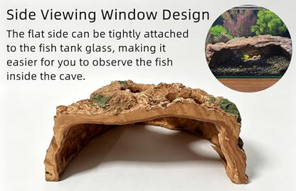 Large Resin Aquarium Cave Hideout, Fish Tank Rock Decor with 2 Top Viewing Holes and Side Viewing Window, Shelter for Betta, Shrimp and Small Fish, 8.3 x 7.5 x 3.5 in