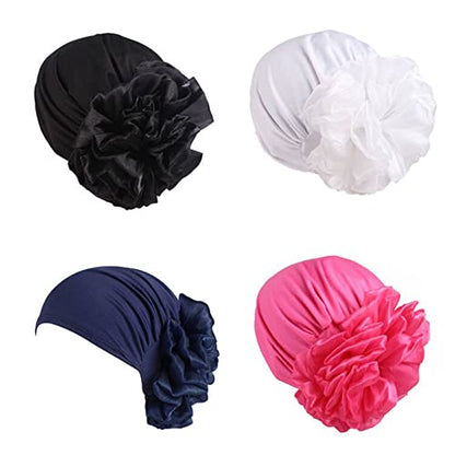 Women Flower Elastic Turban Beanie Head Scarf wrap Chemo Cap hat for Cancer Patient - color: Black White Navy Rose Red