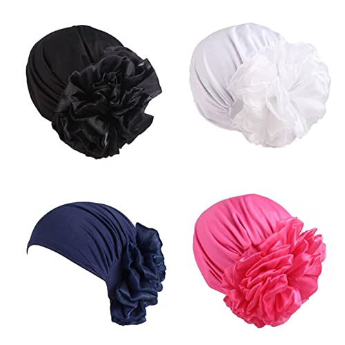 Women Flower Elastic Turban Beanie Head Scarf wrap Chemo Cap hat for Cancer Patient - color: Black White Navy Rose Red