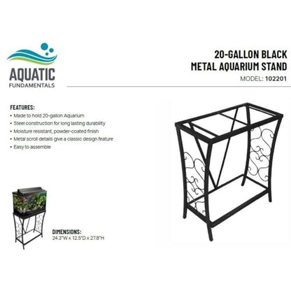 Pemberly Row 20 Gallon Steel Aquarium Stand, Black Powder-Coated Finish, Moisture-Resistant, Traditional Scroll Design, Durable Tank Holder for Home or Office, Supports Up to 200 lbs