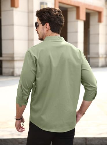 Zaitun Mens Cotton Linen Shirts Casual Buttons Down Roll-Up Sleeve Shirt Summer Chinese Style T-Shirts - color: Green, size: Large